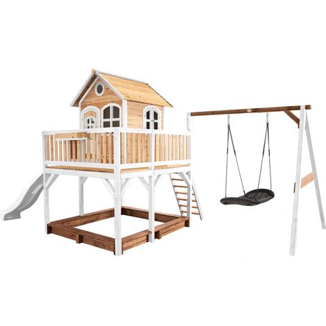 Axi Liam Maison Enfant Avec Bac À Sable, Balançoire Nid D’Oiseau Noir & Toboggan Blanc  Aire De Jeux Pour L'Extérieur En Marron & Blanc  Maisonnette / Cabane De Jeu En Bois Fsc