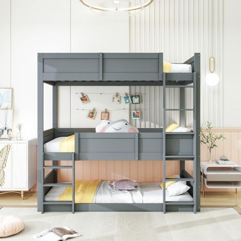 Lit triple 90 x 200 cm en bois massif, sommier à lattes, lit superposé avec barrière de sécurité, pour enfants, gris (1/4)