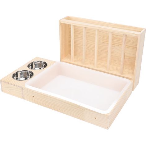 Rabbit feeder with litter tray – 2 stainless steel and wooden bowls – For small rodents (1/5)