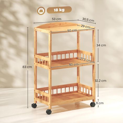 Chariot de cuisine à 3 étagères, desserte avec espace de rangement, étagère de cuisine sur roulettes, pour la cuisine, la salle de bain, le bureau, en bois naturel (1/5)