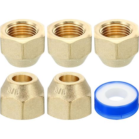 3/8 Sae Laiton Flare Écrou, 5 Paquet 45 Degré Cuivre Évasé Tube Raccord Laiton Tuyau Raccord Capuchon avec Ruban pour Air Conditionneur Eau Gaz Conduite, Mat (1/5)