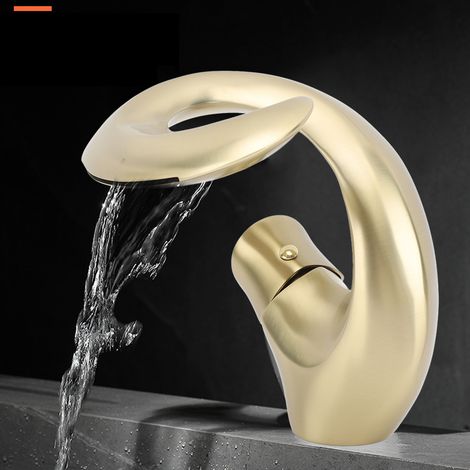 Robinet de lavabo en laiton, eau chaude et froide, vasque design, style cascade, finition or brossé. (1/5)