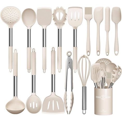 Set d'ustensiles de cuisine 15 pièces en silicone, résistant à la chaleur, avec poignées en acier inoxydable et support, Khaki