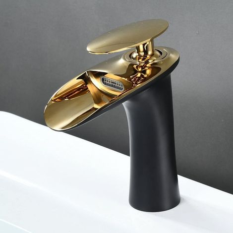 Grifo de lavabo en cascada negro y oro, diseño elegante para baño, mezclador de latón con agua caliente y fría disponible (1/5)