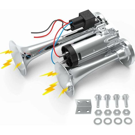 Air Horn 12V 150dB Super Loud Dual Electric Air Hose for All Vehicles, Trucks, Trains, Boats, Cars, Vans, Motorcycles, Chrome, Zinc, Silver (1/5)