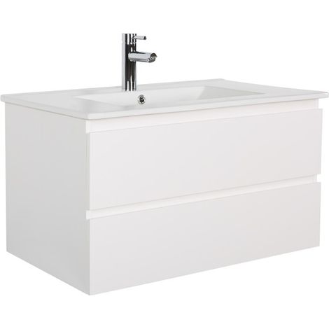Mob-In – Meuble vasque simple 80 cm – Plan en céramique – 2 tiroirs avec fermeture progressive – Panneau de particules mélaminé — vue 2