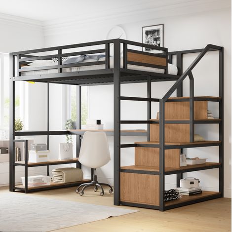 Cama alta 140x200 cm negra de metal y MDF con escritorio, estanterías y escalera con almacenaje (1/5)
