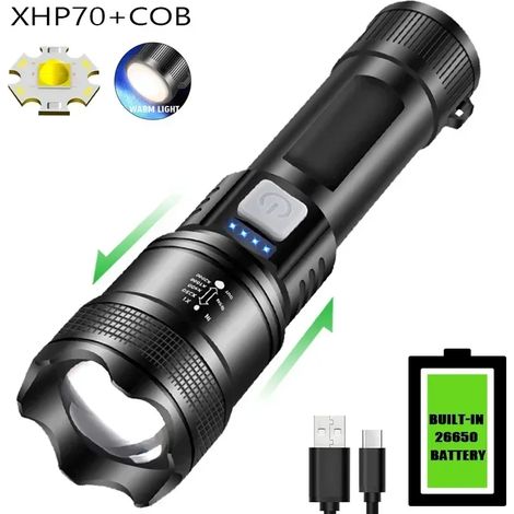 Lampe torche ultra-lumineuse de 5000 lumens, batterie intégrée, projecteur d'urgence, zoom télescopique. (1/4)
