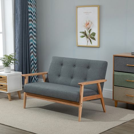 Divano a 2 posti, divano da 115 cm con braccioli, schienale, piccolo divano imbottito effetto lino, gambe in legno, divano lounge imbottito per soggiorno, camera da letto, grigio scuro (1/5)