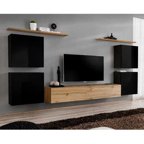 Meuble TV Mural Design "Switch IV" 320cm Noir & Naturel (1/4)