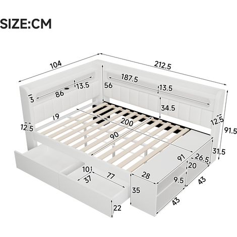 Canapé-lit rembourré 90x200cm avec port USB et bandeau LED, blanc, incluant meuble à chaussures et deux tiroirs. (1/5)