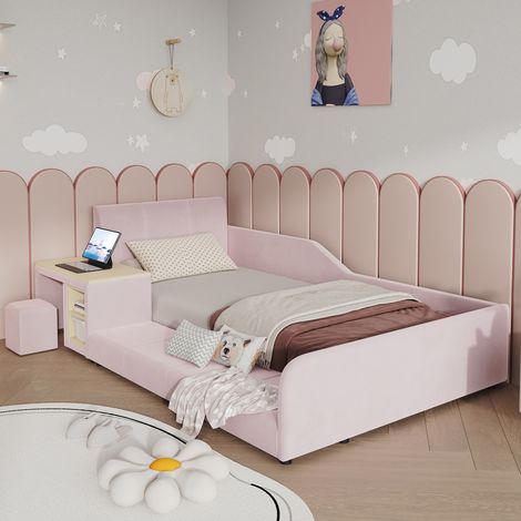 Lit rembourré, lit simple avec bureau et tabouret pour enfants, avec étagère, tête de lit moelleuse, lit d'enfant avec lattes en bois, velours, rose, 90 x 200 cm (1/5)