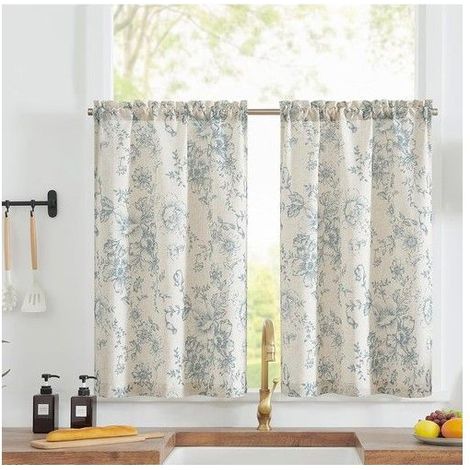 Rideaux courts en lin floral - jinchan - Motif floral oriental - Lot de 2 panneaux - Dimensions 66x91 cm (1/5)