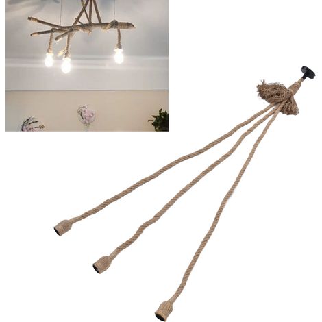 Douille E27 en corde de chanvre, support de lampe suspendu rétro à 3 têtes en corde de chanvre, support de lampe simple et créatif en corde de chanvre, support de lampe artisanal (85-265V) (1/5)