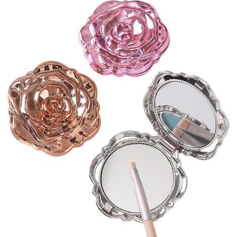 Lot de 3 miroirs de poche pour femmes, en polypropylène électroplaqué rose, double face, portables, compacts et pliables, pour sac à main, argent, or et rose. (1/5)