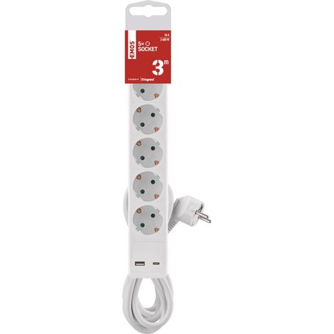 Multiprise 5 Prises avec Charge USB, Interrupteur pour l'intérieur, Montage Mural, 1 Port USB C, 1 câble USB A, câble de 3 m, Blanc (1/5)