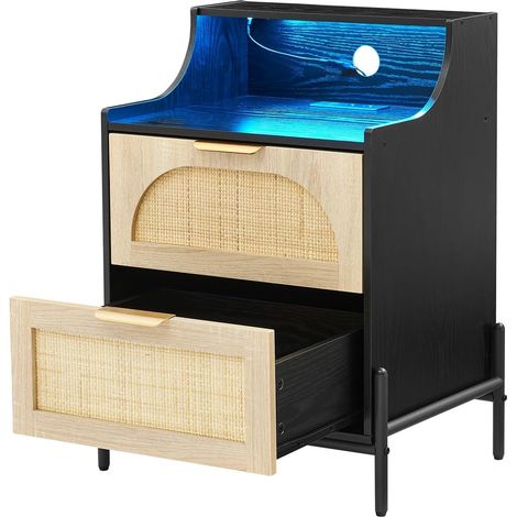 chevet rotin noir 2 tiroirs éclairage led station charge pour chambre (1/5)