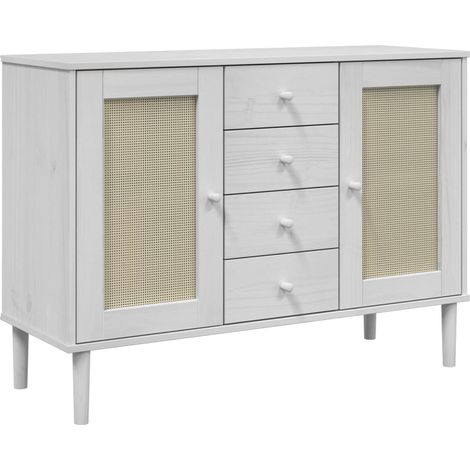 Credenza buffet cassettiera mobile contenitore organizer cucina soggiorno soggiorno effetto rattan 112 x 40 x 80 cm legno massiccio di pino bianco 020036223