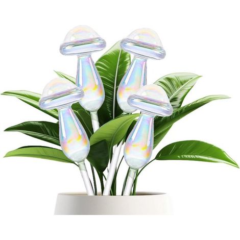 Boules d'arrosage pour plantes - dégradé arc-en-ciel - motif champignon - réfléchissantes - lot de 4 - plantes d'intérieur - jardin - balcon (1/5)
