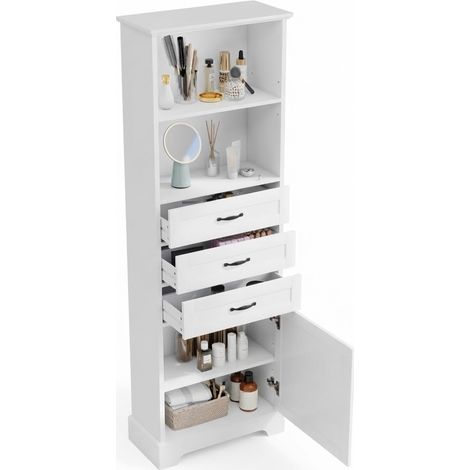 ELVMI Armadio da Bagno con 1 Anta, 3 Cassetti e Ripiani Regolabili, in MDF, 56 x 25.6 x 167 cm, Bianco (1/5)
