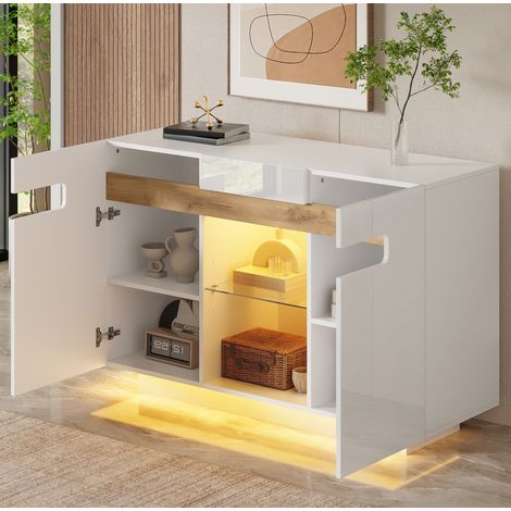 Aparador 120/40/80 cm blanco y efecto madera con LED y estantes de vidrio (1/5)