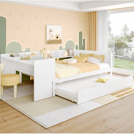 Cama doble de madera de pino blanca 140x200 cm con escritorio, cama nido y estantes (1/5)