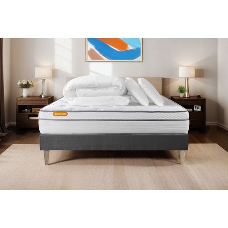 Ensemble matelas sommier Memo luxe 160 x 200 cm - Couleur : Gris avec 2 oreillers et couette (1/5)