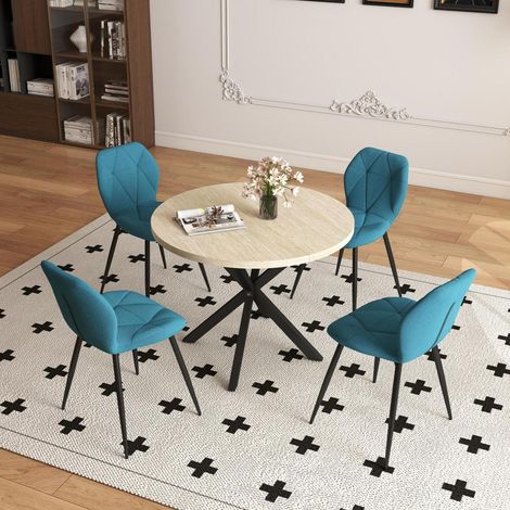 Esstisch-Set mit 4 Stühlen, 100 cm runder Tisch, Leinenstühle, Esszimmer, Küche, Wohnzimmer (Gelb Travertin + Seeblau) (1/5)