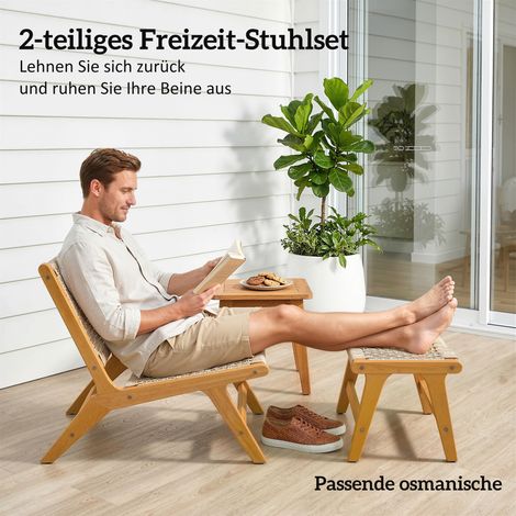 Ensemble 2 pièces fauteuil de terrasse avec pouf, bois d’acacia certifié FSC, assise en rotin, chaise longue extérieur style bohème, pieds ajustables. (1/4)