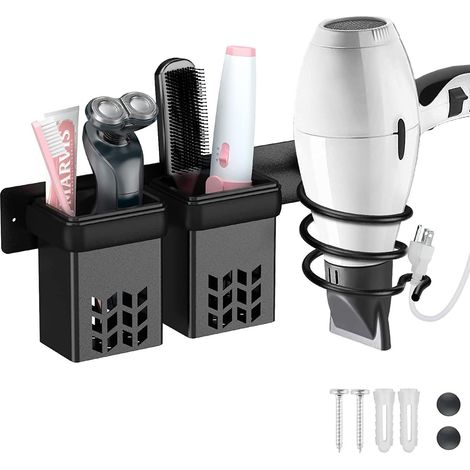 Porte Sèche Cheveux,Support Seche Cheveux et Support de Lisseur en Aluminium Rangement et Range-Câbles,Support Multifonctionnel pour Salle de Bain Hôtel Organisateur Mural avec Dual Trous