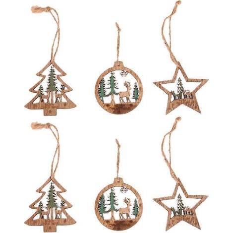 Lot de 6 pendentifs élans creux en 3D, décorations de Noël circulaires en bois, ornements de Noël créatifs.-86.80.5cm (1/3)