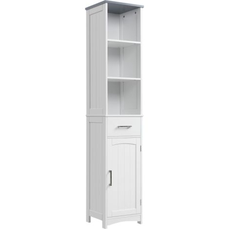 Slim White Bathroom Storage Cabinet with 3-Tier Shelves, Cupboard, Drawer, and Door - Freestanding Linen Tower Organizer for Small Spaces