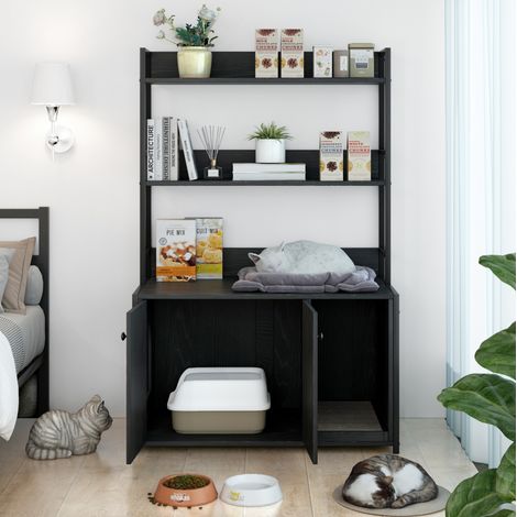Meuble cache-litière chat 89,5x45x132 cm en MDF et métal noir, avec rangement pour salon FLORAGRACE (1/5)