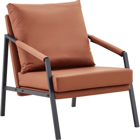 Fauteuil d'appoint en simili cuir marron avec cadre métallique noir mat, style industriel moderne (1/5)
