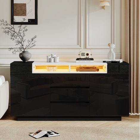 Aparador de salón (140x40x68 cm), con 2 puertas y 3 cajones, estantes semiexpuestos, luces LED, tablero de partículas negro (1/5)