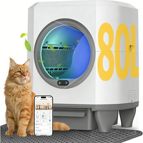 Litière chat autonettoyante capacité maximale de 80L, bac à litière pour chat alerte intelligente via contrôle app, surveillance santé, capteur infrarouge, adapté à de nombreux types de litière