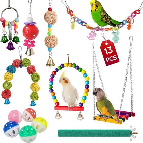 Lot de 13 Jouets pour Oiseaux - Balançoires, Échelles et Perchoirs en Bois Naturel pour Perruches et Canaris (1/5)