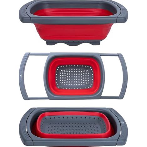 Passoire pliable avec poignée télescopique - pour les légumes de l'évier de cuisine, capacité de 6 litres (rouge).