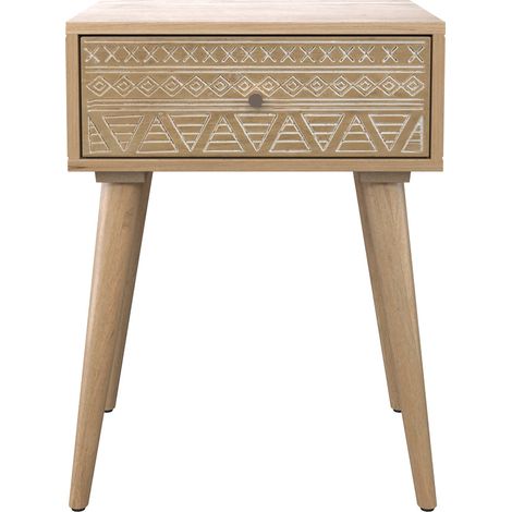 Mesita de noche de madera de mango grabada 1 cajón - Tiny (1/4)