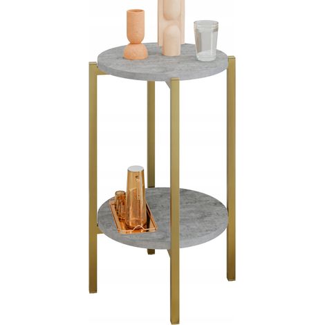 Tavolino rotondo moderno con ripiano, 35x35x62 cm, in metallo dorato. (1/5)