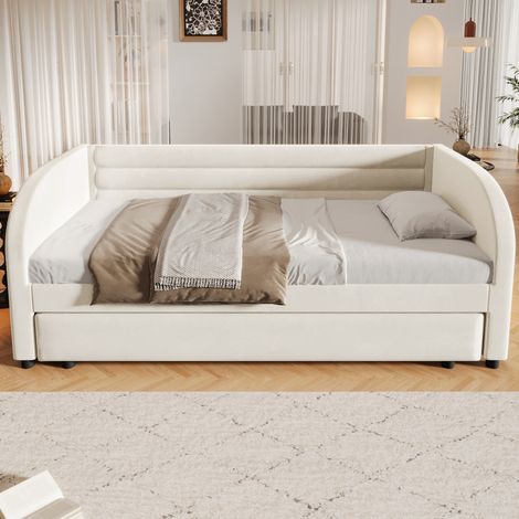 Cama tapizada con cama nido 211x100x73 cm, iluminación LED multicolor, estructura estable, franela beige (1/5)
