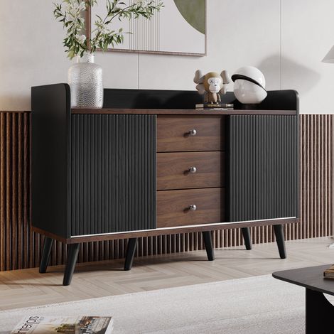 URBAN MEUBLE Buffet élégant vintage effet bois noyer et noir avec 2 portes coulissantes 117.5x39x80cm (1/5)