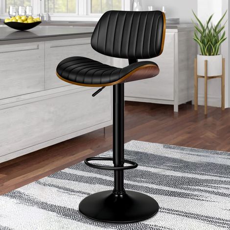 ALFORDSON Bar Stools, Adjustable Swivel Bentwood, PU Leather Upholstered, Back, Footrest, Kitchen, Dining Room, Home Pub Countertop, Black, 150kg