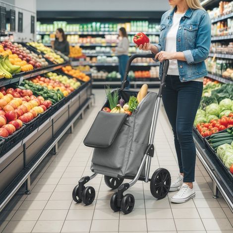 Chariot de courses pliable 46 L avec glacière, cadre en aluminium gris, poignée ajustable