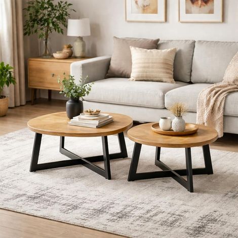 Table basse ronde en bois avec pied en croix (lot de 2) ALMA (1/4)
