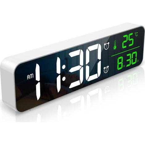 Réveil Numérique, Horloge de Chevet LED [Grand Ecran LED 10"], Horloges de Bureau Electriques Miroir avec Date, Heure, Affichage de Température, Répétition, 6 Luminosités, 4 Volumes - Blanc