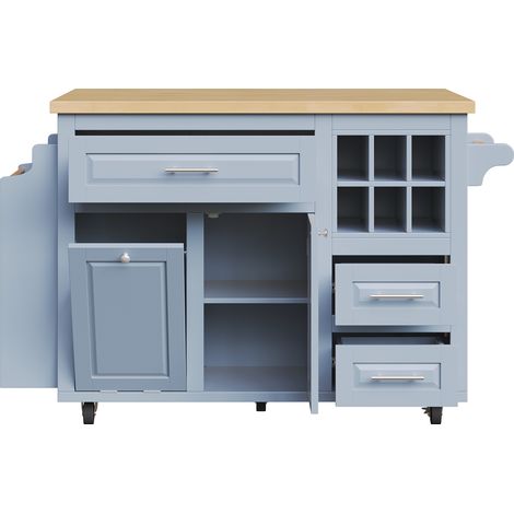 Îlot de cuisine mobile avec plateau rabattable, desserte avec grands tiroirs et rangement bleu pour cuisine, salle à manger et bar (1/5)