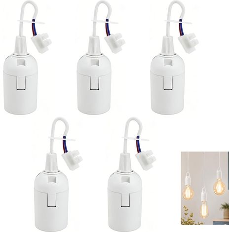 Lot de 5 Douille E27 Pour Chantier, Douille De Rénovation E27 avec Câble 0,75 mm², Support Ampoule E27 Blance 4A 250V, Suspension Luminaire, Base Ampoule E27 pour Rénovation Éclairage DIY Maison (1/5)