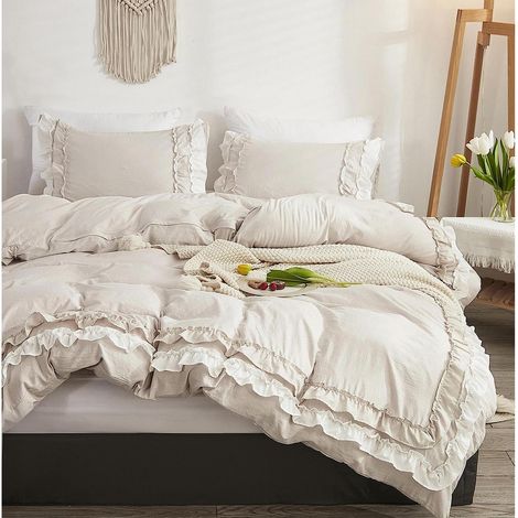 Bettwäsche-Set 135x200cm mit Rüschen, 2-teilig, Mikrofaser, Beige