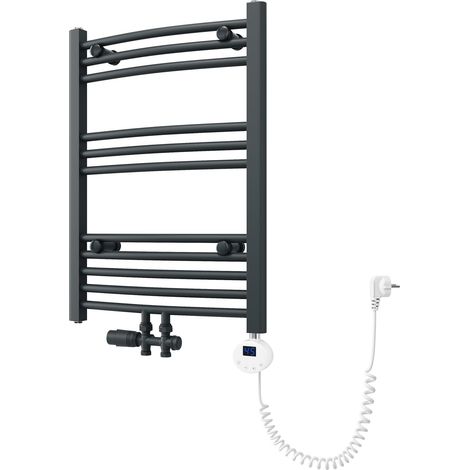 SONNI Badheizkörper Elektrisch mit Thermostat, Handtuchheizkörper Elektrisch Panel Handtuchhalter Mittelanschluss Warmwasser Handtuchtrockner Mit Ventil , Anthrazit gebogen,700 x 500mm Leistung 400W (1/5)